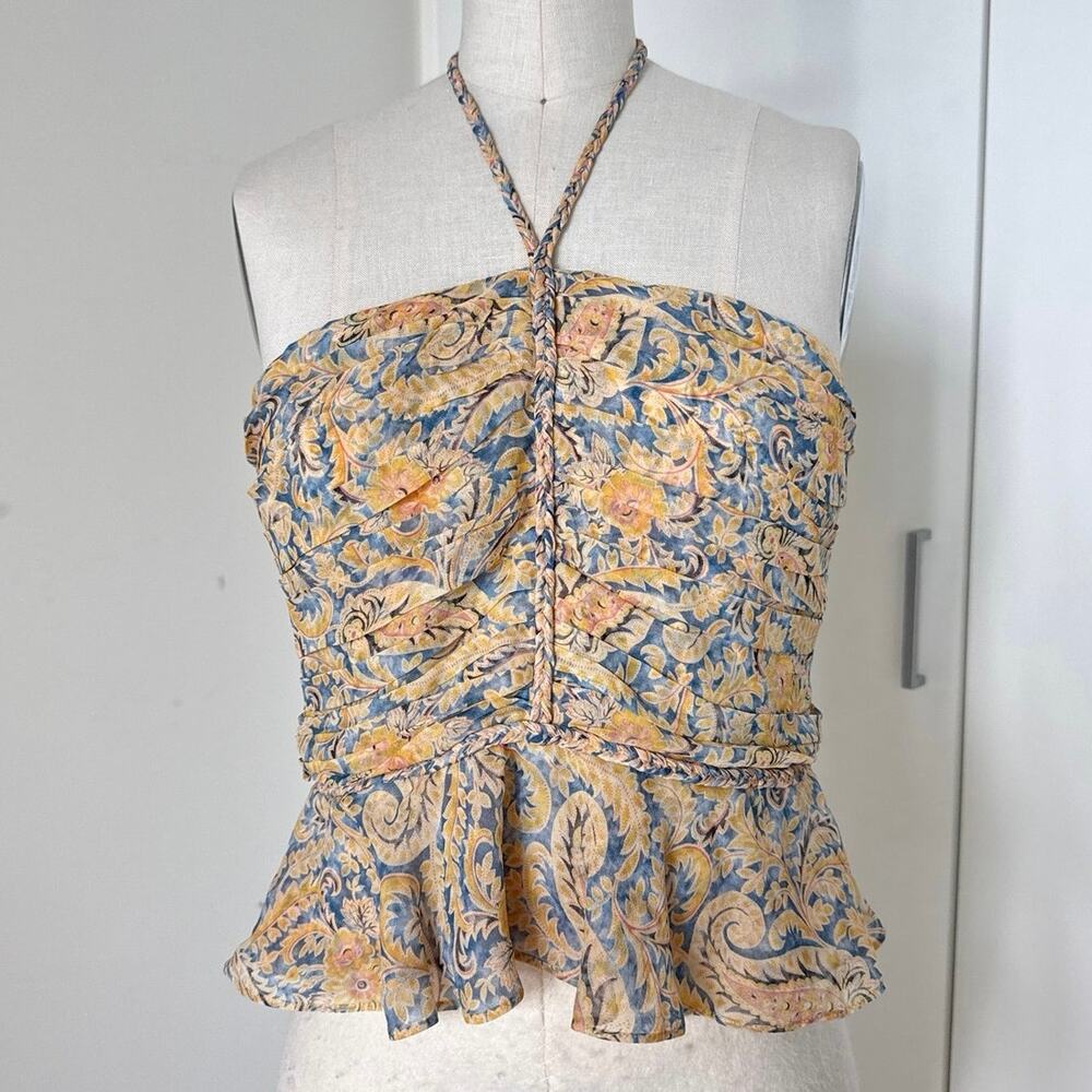Veronica Beard Blue and Yellow Floral Halter Peplum Top